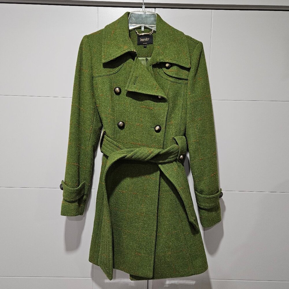 Laundry by Shelli Segal Wool Coat - Green Military Trench Twee Mod 1960s Retro